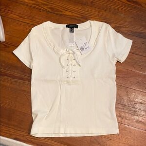 Forever 21 Cream Ribbed Tie Detail Top